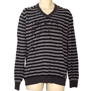 Private Blue Mens Striped Graphic V-Neck Sweater Large
